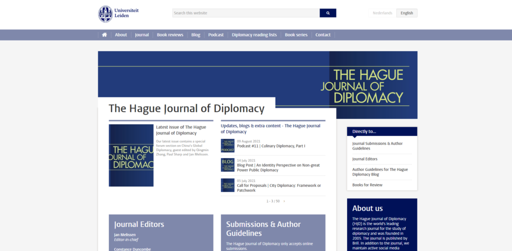 Screenshot van webpagina The Hague Diplomacy Platform