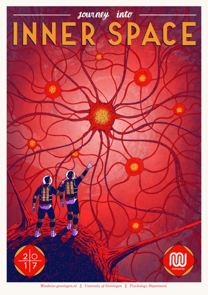 Illustratie van twee wetenschappers die naar neuronen wijzen